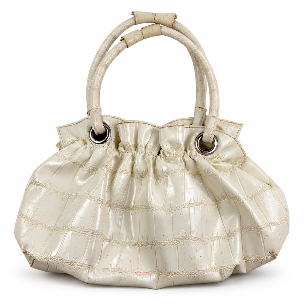 Vintage Y2K White Cream Faux Croc Chic Ruched Hobo Shoulder Bag Purse